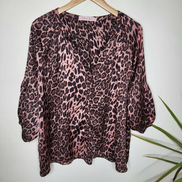 Traffic People High-Low Hem Splitneck Sheer Blouse - Animal - Pink Multi/Pink - Picture 1 of 10